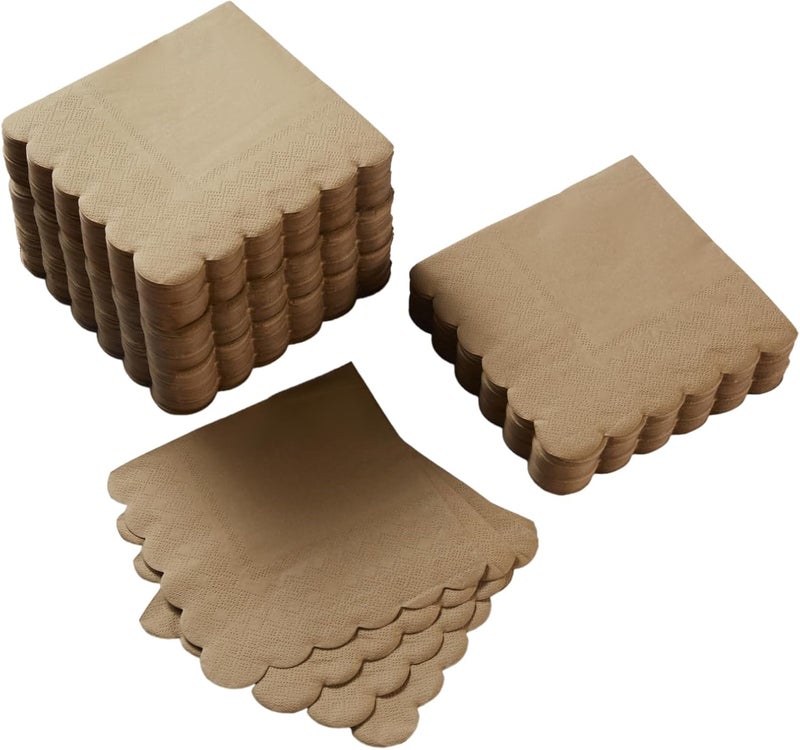 BEFORYOU 100 Pack Cocktail Napkin 2-Ply Scalloped Edged Dessert Napkins Folded 5 x 5 Inches Disposable Napkins for Dinner Wedding Birthday Party Bridal Anniversary Reception Event (Brown) - Image 1